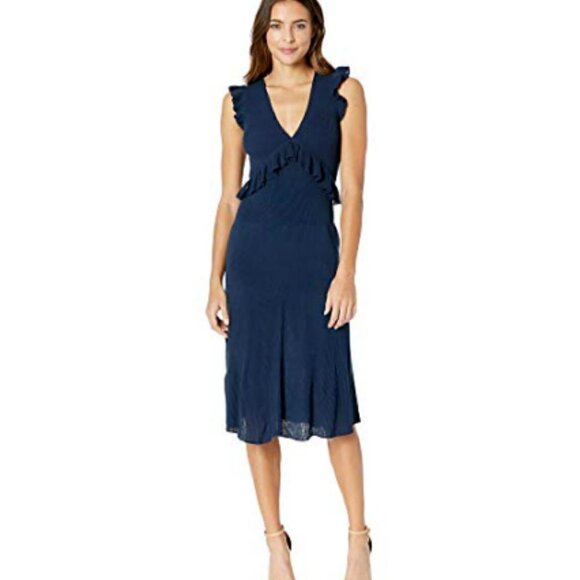 BCBG Maxazria Ruffle Trimmed Knit Sweater Dress Navy Blue Sz Small Deep V Neck